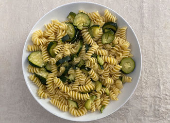 High angle view of pasta in bowl on table