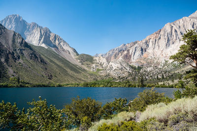 Scenic view of lake with mountain range in background