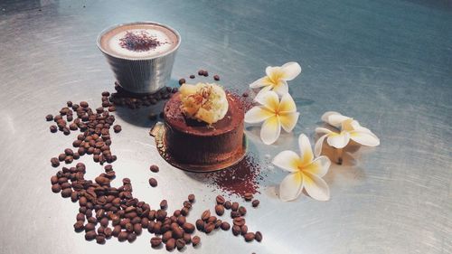 High angle view of coffee beans on table