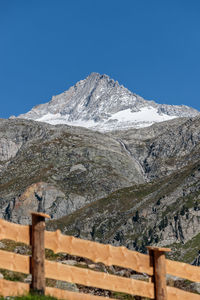 Scenic view of snowcapped mountains against clear blue sky