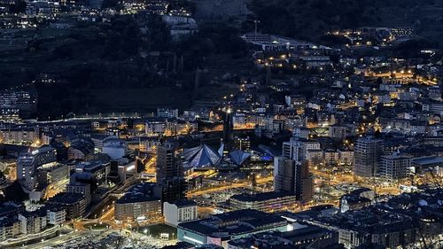 High angle view of illuminated cityscape