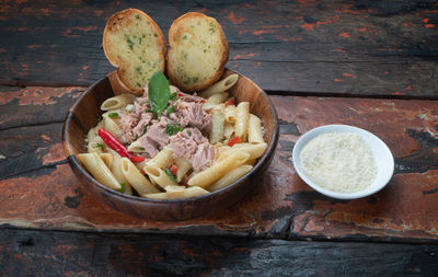 High angle view of food in bowl on table