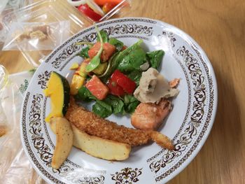 High angle view of breakfast served on table