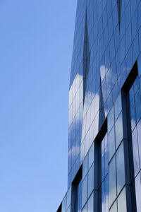 Low angle view of modern office building against clear sky