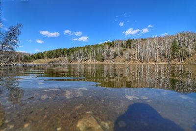 Scenic view of lake against blue sky