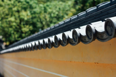 Low angle view of metallic roof against building