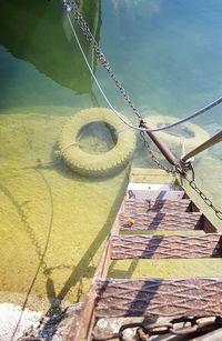 High angle view of rope on shore against sky