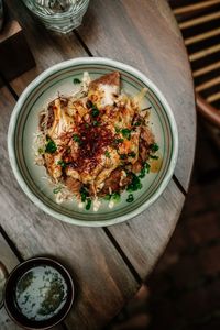 High angle view of food in plate on table