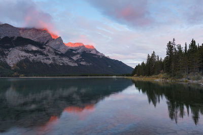 Scenic view of lake by mountains against sky