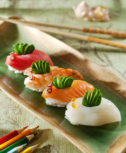 High angle view of sushi in plate on table