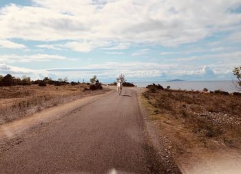 View of dirt road on landscape against sky