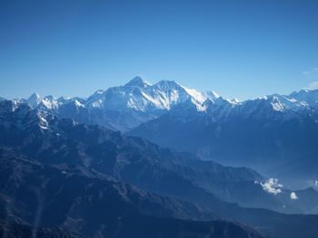 Scenic view of snow covered mountains against blue sky