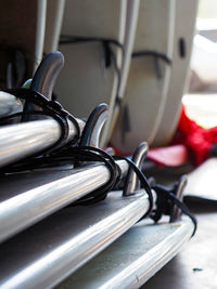 Close-up stack of surfboards