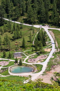 High angle view of road amidst trees