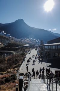 High angle view of people walking on mountain
