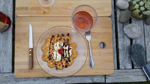 High angle view of breakfast on table