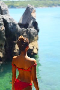 Rear view of young woman standing against sea