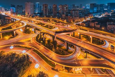 High angle view of illuminated elevated road at night