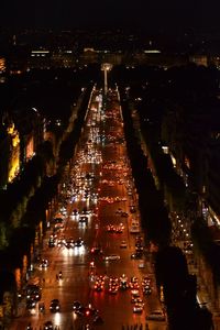 High angle view of city buildings at night