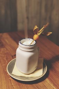 Close-up of coffee cup on table