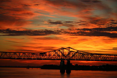 Silhouette bridge over sea against sky during sunset