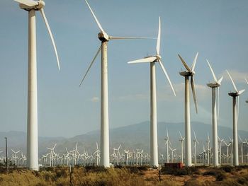 Windmills on field against sky