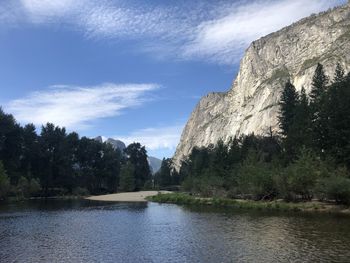 Scenic view of lake by trees against sky