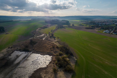 High angle view of land against sky