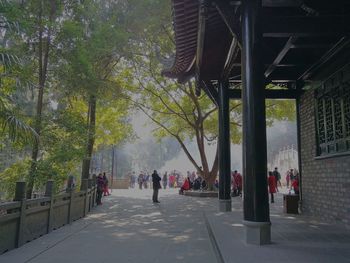 People walking on footpath amidst trees in city