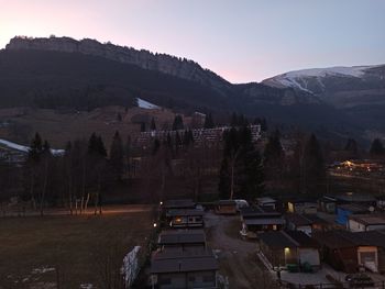 High angle view of buildings in city during winter