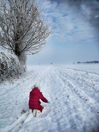 Rear view of person on snow covered field