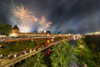Summer night fireworks above the kremlin at end of day of the city in tula, russia