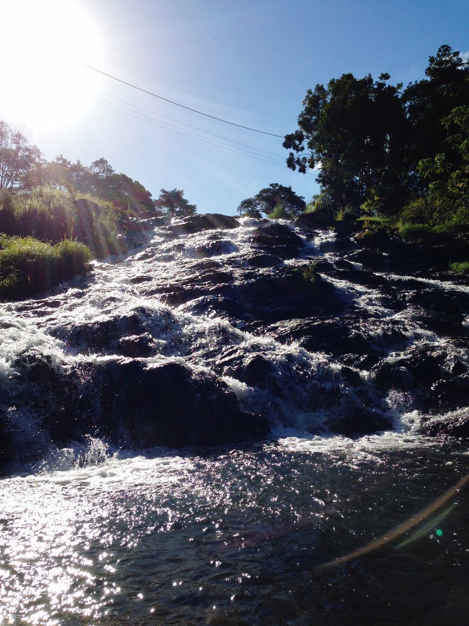 SCENIC VIEW OF WATERFALL IN FOREST AGAINST SKY