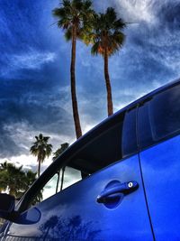 Low angle view of palm trees against cloudy sky