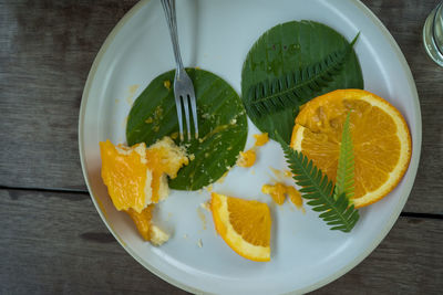 High angle view of dessert served on table