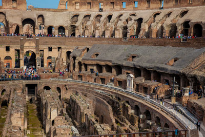 View of the seating areas and the hypogeum of the ancient colosseum in rome