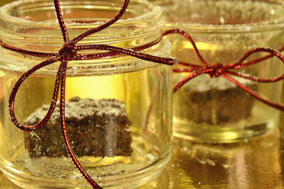 Close-up of dessert in jar table