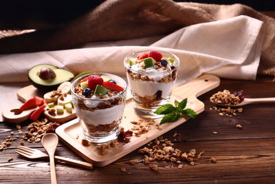 High angle view of dessert on table