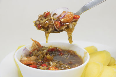 Close-up of noodles in bowl