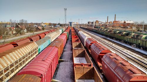 High angle view of freight trains on railroad tracks