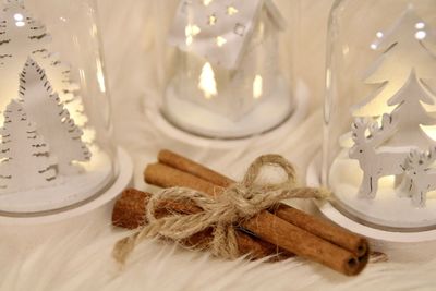 Close-up of christmas decorations on table