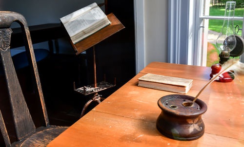 High angle view of books on table at home