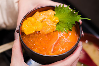 Close-up of hand holding ice cream in bowl