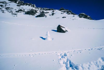 Snow covered mountain against blue sky