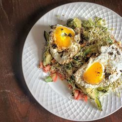 High angle view of breakfast served in plate