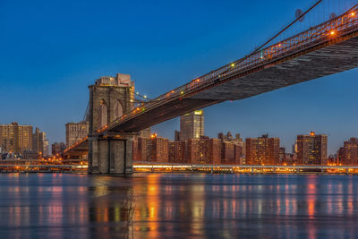 Suspension bridge over river against sky at dusk