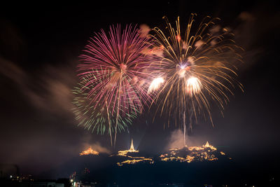 Low angle view of firework display at night