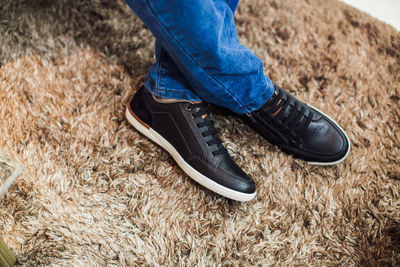 Low section of man wearing shoes on rug