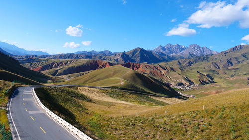 Panoramic view of road amidst mountains against sky