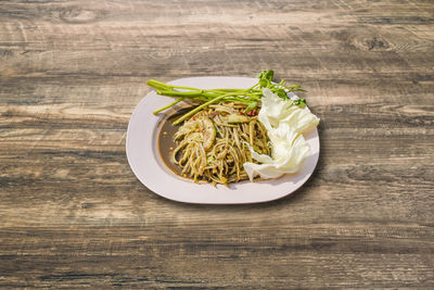 High angle view of salad in plate on table